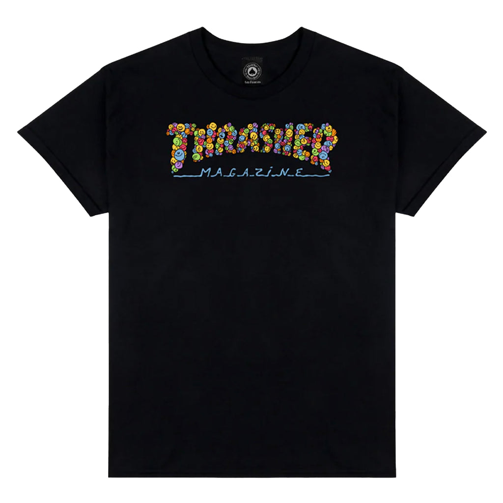 THRASHER SMILE SPANKY TEE BLACK: Black cotton tee with "Magazine" in colorful, flower-patterned letters, inspired by Kevin Spanky Long artwork.