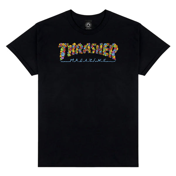 THRASHER SMILE SPANKY TEE BLACK: Black cotton tee with "Magazine" in colorful, flower-patterned letters, inspired by Kevin Spanky Long artwork.