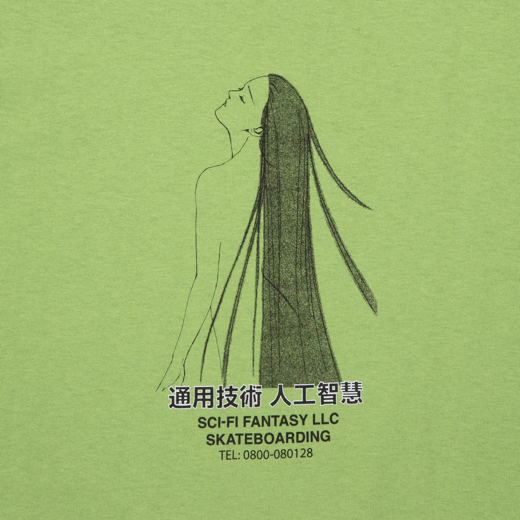 A close up of a SCI-FI FANTASY lime green t-shirt with a drawing of a woman with long hair.