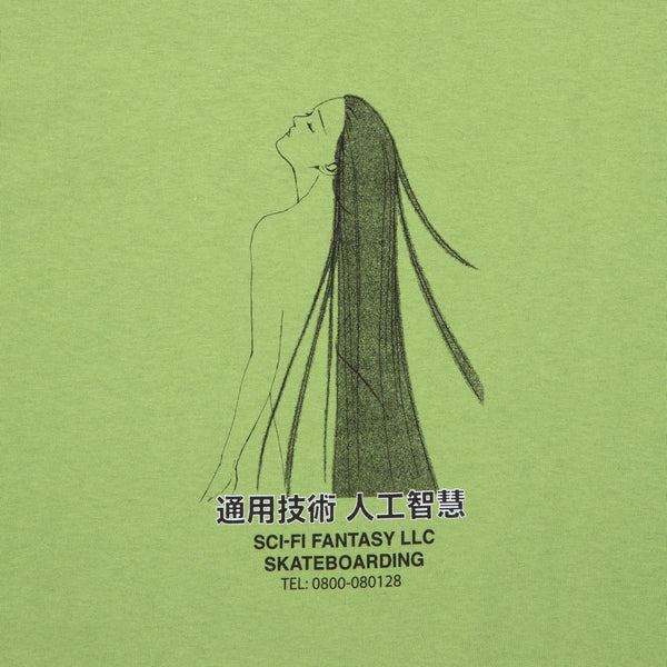 A close up of a SCI-FI FANTASY lime green t-shirt with a drawing of a woman with long hair.