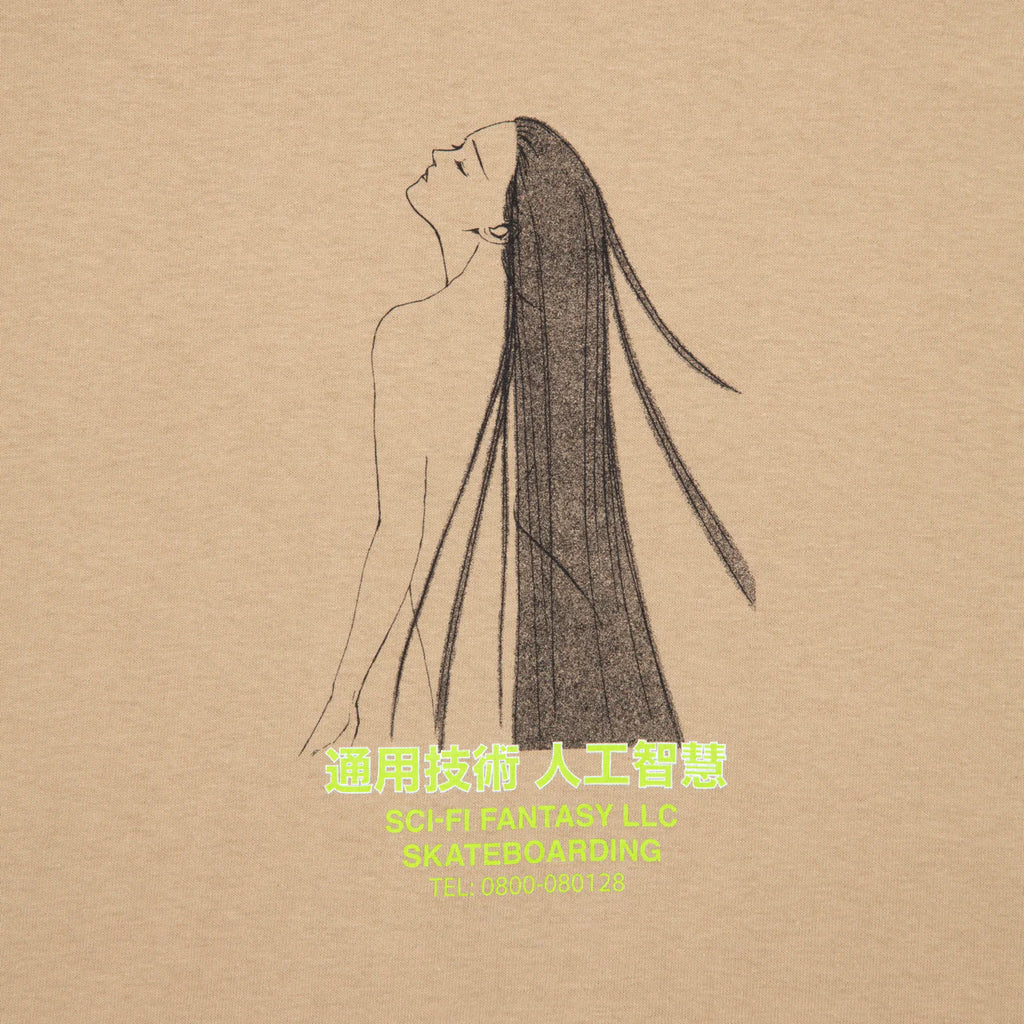 A close up of A SCI-FI FANTASY khaki t-shirt with a drawing of a woman with long hair.