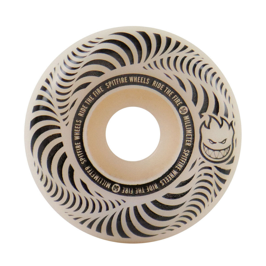 A SPITFIRE FLASH POINT CONICAL FULL 99D 50MM Spitfire skateboard wheel with a black and white design.