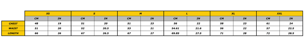 Check out the CARPET CO. EGYPT TEE GREEN by Carpet Co. with our detailed size chart, offering chest, waist, and length measurements from XS to XXL in both cm and inches for each size.