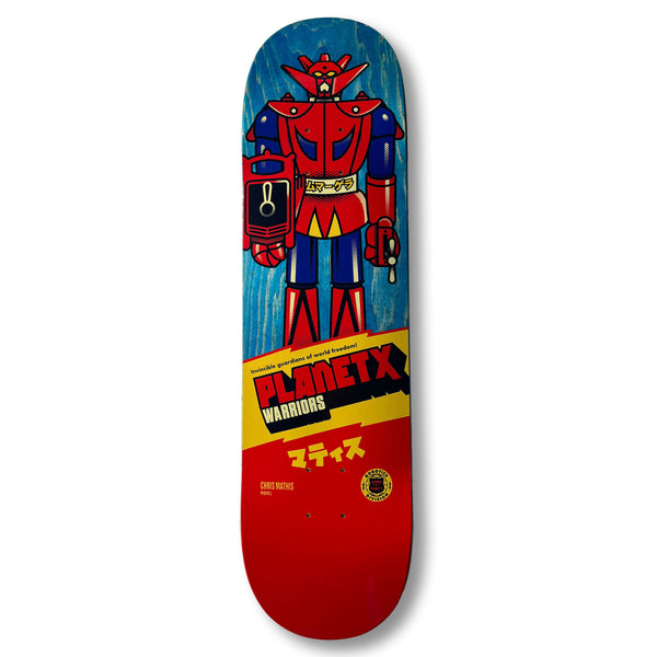 This skateboard deck, titled "TERROR OF PLANET X CHRIS MATHIS ROBOTICS DIVISION," features a vibrant robot design and Japanese characters, reflecting the energetic style of TERROR OF PLANET X.