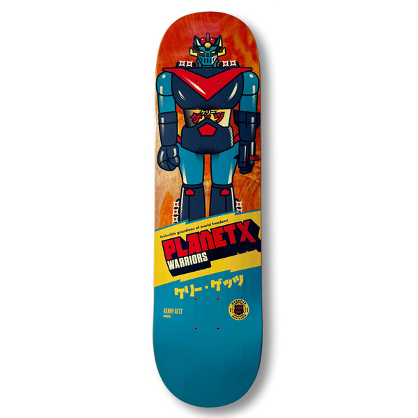 A limited edition skateboard deck from TERROR OF PLANET X, titled "TERROR OF PLANET X KERRY GETZ ROBOTICS DIVISION," showcases a vibrant robot design with Japanese characters and "Planet X Warriors" text, set against a dynamic gradient background.