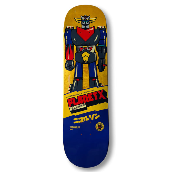 The TERROR OF PLANET X KYLE NICHOLSON ROBOTICS DIVISION limited edition skateboard deck showcases a vibrant robot graphic with "Planet X Warriors" text against a striking yellow and blue backdrop, embodying the essence of "Terror of Planet X.