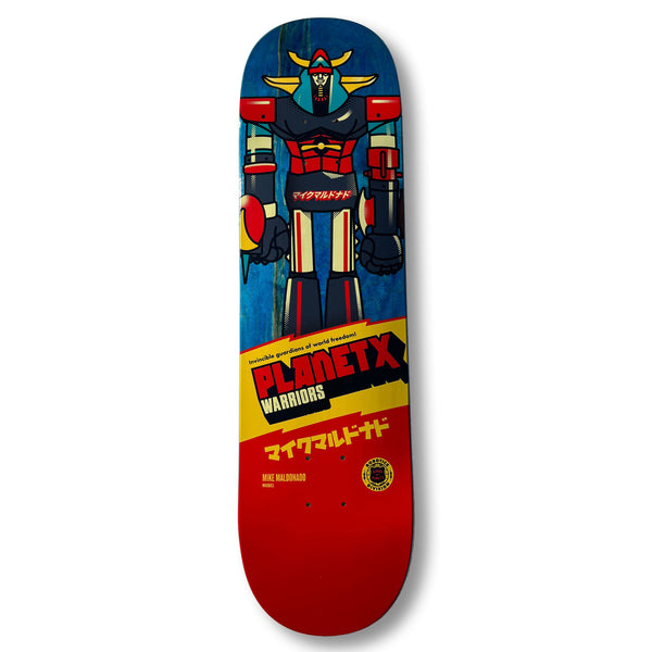 Skateboard deck featuring a dynamic illustration of a robot from the Robotics Division on a striking blue and red background, labeled "TERROR OF PLANET X MIKE MALDONADO ROBOTICS DIVISION.