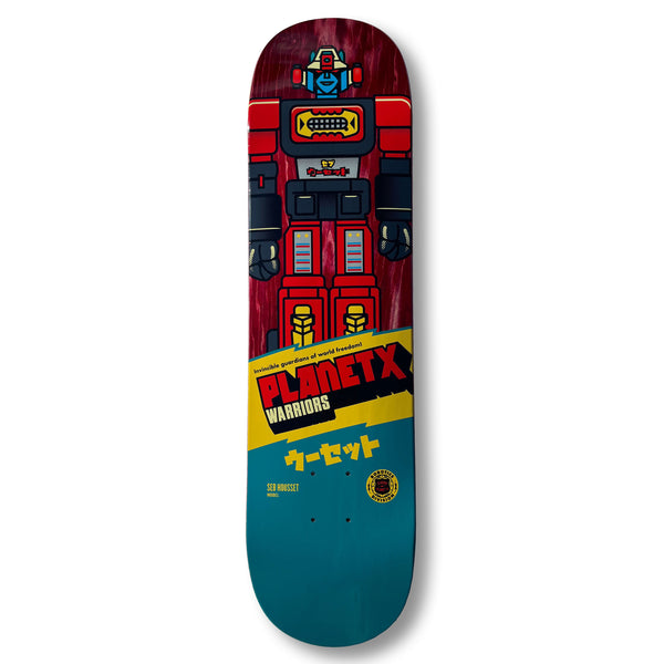 This limited edition skateboard deck, named TERROR OF PLANET X SEB HOUSSET ROBOTICS DIVISION, showcases Seb Housset's artwork featuring a red robot design with the text "Planet X Warriors" in both Japanese and English.