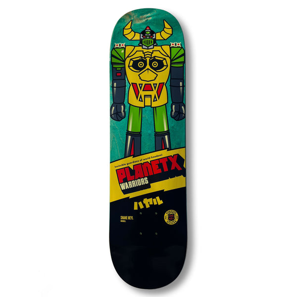 Limited edition skateboard deck by TERROR OF PLANET X, showcasing the "TERROR OF PLANET X SHANE HEYL ROBOTICS DIVISION" design in vibrant red and yellow.