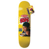 A yellow THANK YOU skateboard with a picture of a man eating popcorn, featuring skateboarding tricks and signed deck by Tim Gavin of Big Brother.