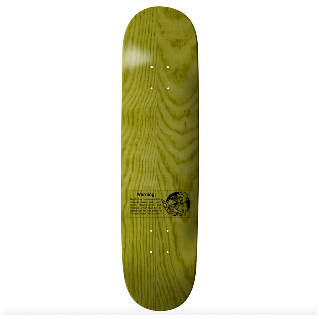 A green skateboard with the THANK YOU BIG BROTHER X TIM GAVIN GUEST SIGNED logo on it, signed deck.