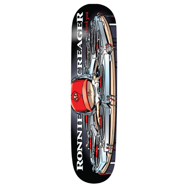 Graphic skateboard deck featuring vintage car illustration and branding details, "THANK YOU SMELL YA LATER", size 8.0.