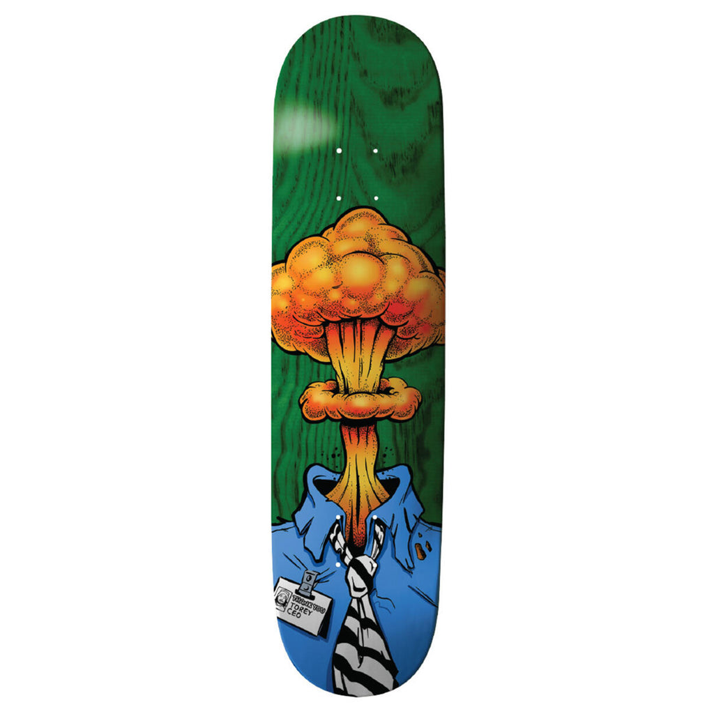 An 8.5 THANK YOU skateboard deck featuring an image of an atomic bomb, designed by Torey Pudwill, the CEO.