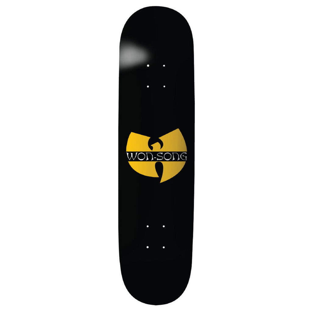 A black skateboard with a yellow logo featuring the THANK YOU WON-SONG CLAN TWIN TAIL text by THANK YOU brand.