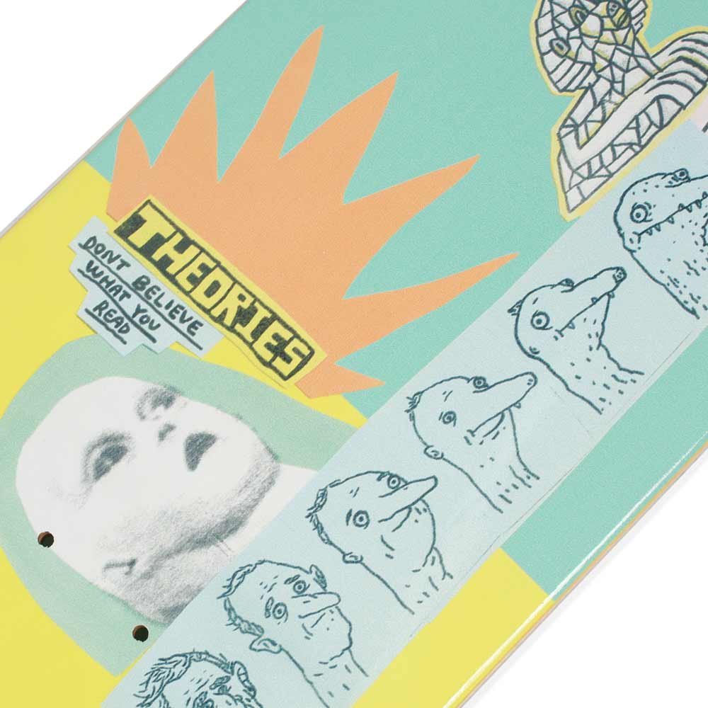 Graphic skateboard deck with comic-style illustrations and the words "THEORIES EXCAVATOR" printed on it.