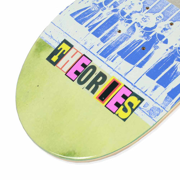 Graphic skateboard deck with "THEORIES INVASION" branding on a yellow to pale gradient background, art by Connor Noll.
