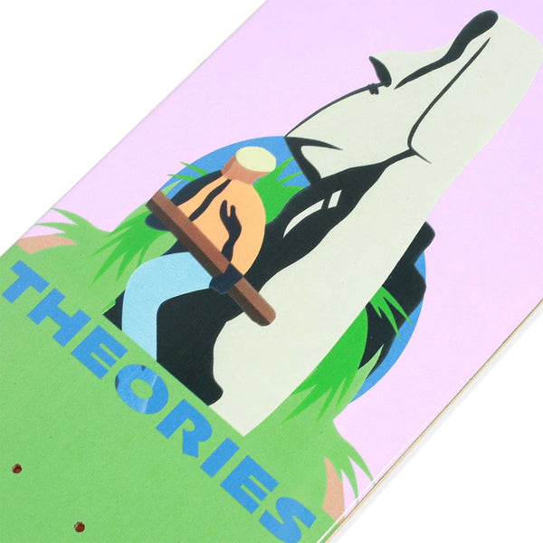 Graphic skateboard deck featuring an abstract design with a stylized alligator and the word "THEORIES LOST MOAI," in size 8.875.