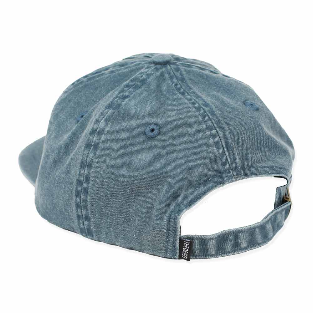 THEORIES SCRIBBLE DENIM STRAPBACK HAT with an adjustable strap, shown from a side angle against a white background.