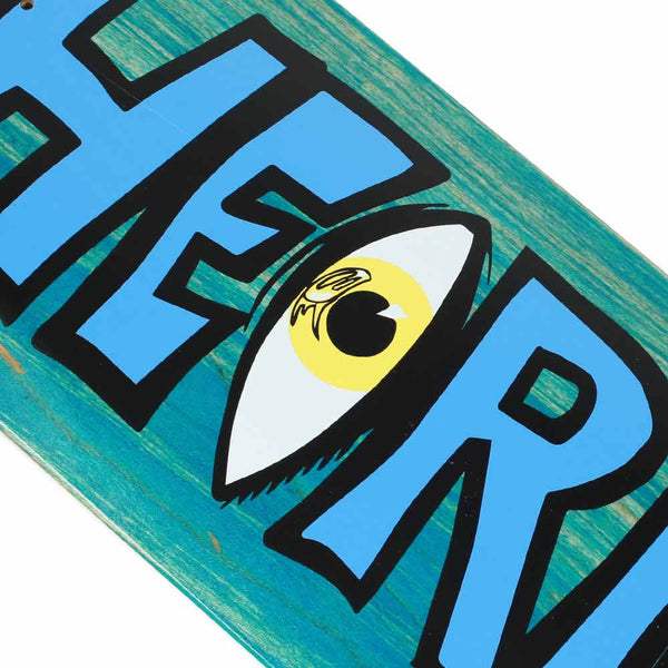 Graphic design on skateboard deck featuring an eye illustration, stylized text, and THEORIES THAT'S LIFE.