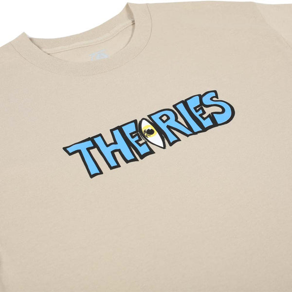 Beige THEORIES tee with "THEORIES OF LIFE" logo and an eye graphic on the chest.