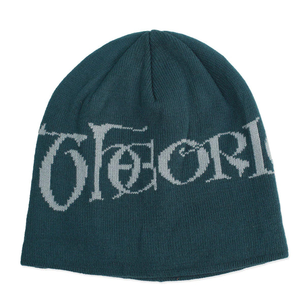 THEORIES SECRETUM JAQUARD KNIT BEANIE MARINE with gray scribble text embroidery.