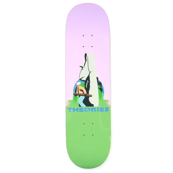Graphic skateboard deck with a stylized rabbit illustration and the word "THEORIES LOST MOAI" by THEORIES.