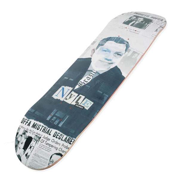 A THEORIES skateboard with a graphic design featuring a man's portrait and newspaper-style text about NYLE LOVETT HOFFA.
