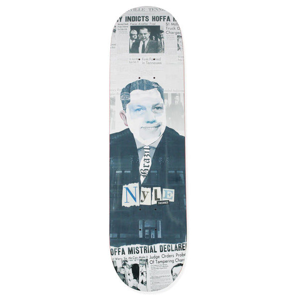 A THEORIES NYLE LOVETT HOFFA skateboard deck featuring a collage design with newspaper clippings and a portrait of a man in the center, captioned "THEORIES GRIDWALKER.