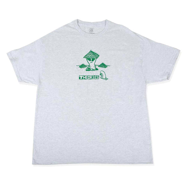 Gray THEORIES EXCAVATOR TEE ASH with green graphic and text on the front.