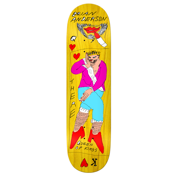 A yellow stained skateboard deck with a sketched drawing of a king wearing makeup and heels.