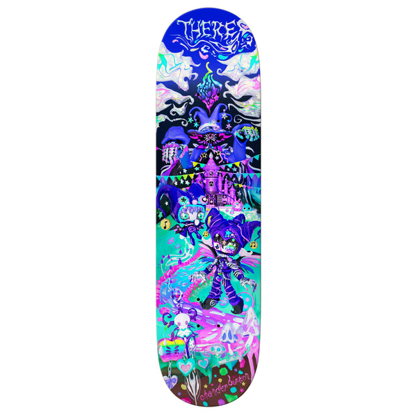 Skateboard with a hyper-pop style graphic on it.