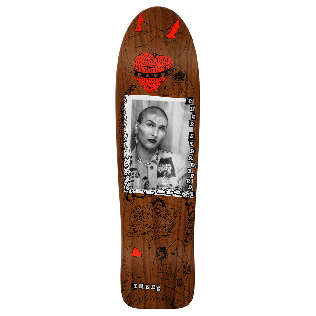 An 8.5-inch skateboard featuring a picture of Chandler, the woman Marionette.