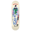 A THERE skateboard deck featuring a drawing of a person holding flowers.