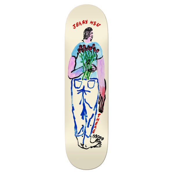 A THERE skateboard deck featuring a drawing of a person holding flowers.