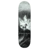 The THERE JESSYKA SHADOWFAX TRU FIT skateboard deck by THERE is 8.06" wide, featuring a black and white horse on rocky terrain beneath clouds, with stylized text inspired by the Jessyka Shadowfax series.