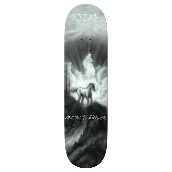 The THERE JESSYKA SHADOWFAX TRU FIT skateboard deck by THERE is 8.06" wide, featuring a black and white horse on rocky terrain beneath clouds, with stylized text inspired by the Jessyka Shadowfax series.