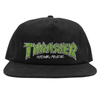 A THRASHER black hat with the word THRASHER on it.