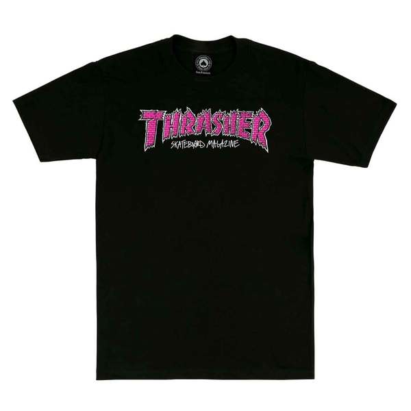 A black TRASHER BRICK TEE BLACK with the word THRASHER on it.