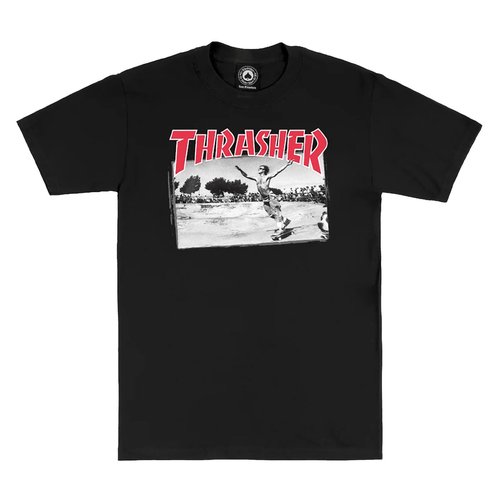 A THRASHER JAKE DISH TEE BLACK with the word THRASHER on it.