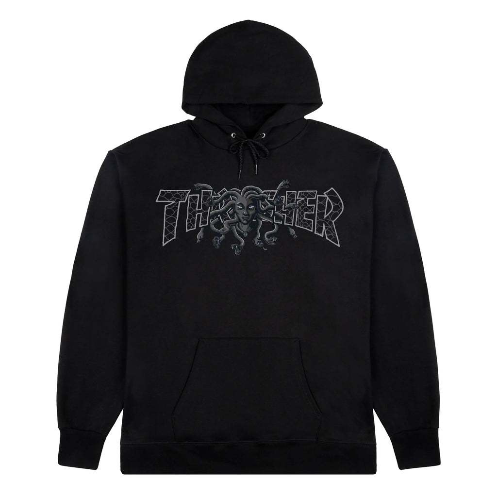 A black woven THRASHER MEDUSA HOODIE BLACK with the word THRASH on it.