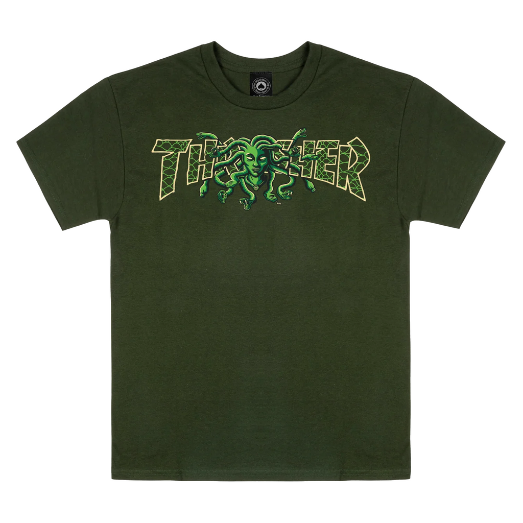 A THRASHER MEDUSA TEE GREEN with the word THRASHER on it.