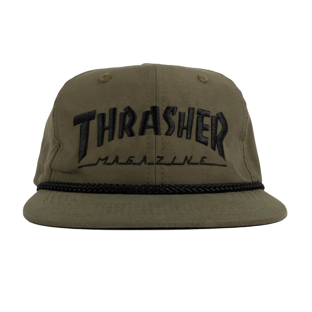 THRASHER ROPE SNAPBACK OLIVE 5 panel hat.