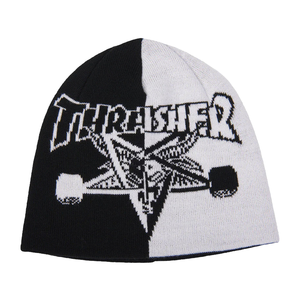 A THRASHER Skategoat Split Beanie in black and white, featuring the iconic Thrasher logo and a sleek skateboard design.