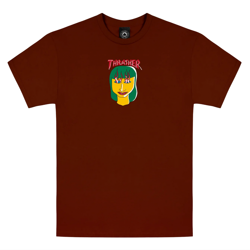 A brown t - shirt with the face of a woman wearing a THRASHER TALK SHIT BY GONZ TEE MAROON by THRASHER.