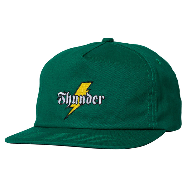 A green THUNDER SNAPBACK hat with the word shiver on it.
