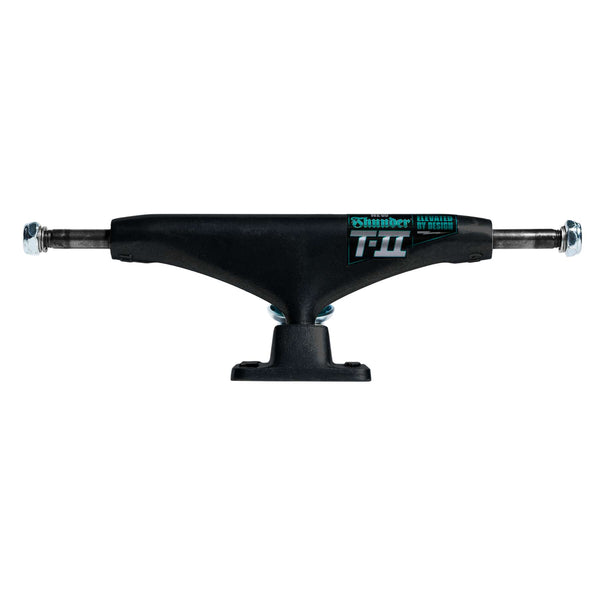A set of two THUNDER TRUCKS T-II Polished 148 skateboard trucks in matte black, featuring silver axles and bolts with green and white Thunder branding on the hanger.