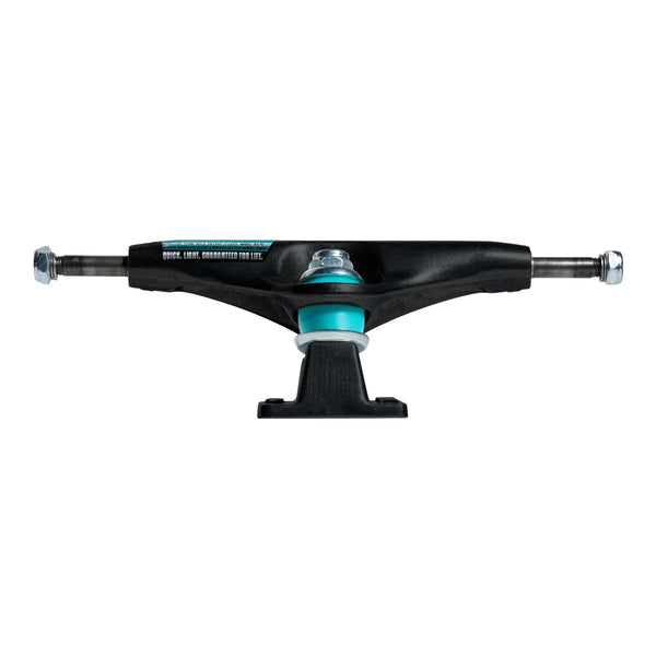 A set of two THUNDER TRUCKS T-II Polished 148 Matte Black skateboard trucks, each with a metallic axle and teal bushing, shown on a white background.