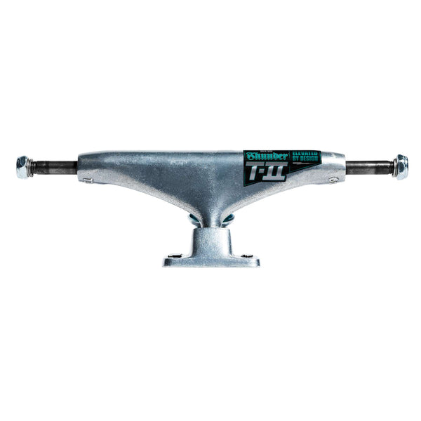A set of two THUNDER TRUCKS T-II POLISHED 147 skateboard trucks by THUNDER, featuring a polished silver finish and black-green label on the hanger, shown against a white background.