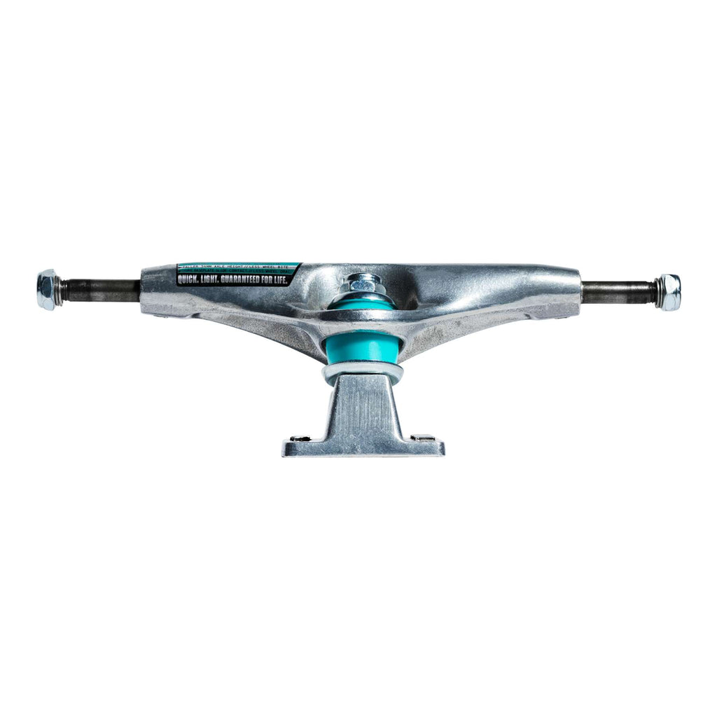The THUNDER TRUCKS T-II POLISHED 147 (SET OF TWO) features a silver metallic finish, blue bushings, and visible kingpins. These trucks by THUNDER deliver reliable performance for your skateboard setup. Shown on a white background.