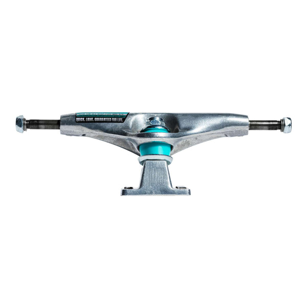 The THUNDER TRUCKS T-II POLISHED 147 (SET OF TWO) features a silver metallic finish, blue bushings, and visible kingpins. These trucks by THUNDER deliver reliable performance for your skateboard setup. Shown on a white background.